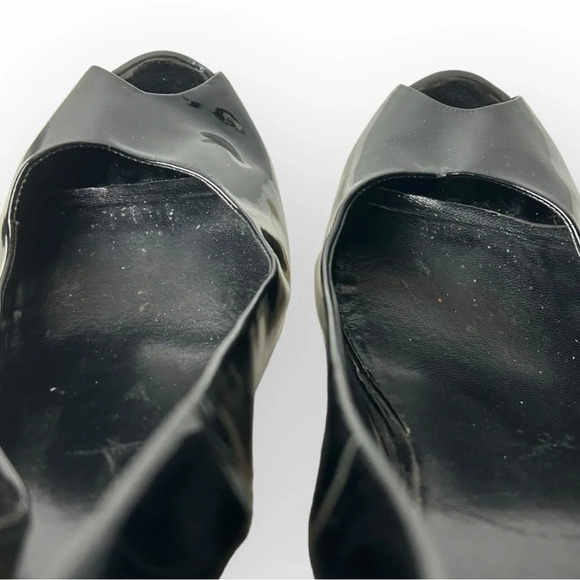 Miu Miu Black Patent Leather  Peep Toe Slingback Wooden Wedge Heel 39 - Picture 11 of 14